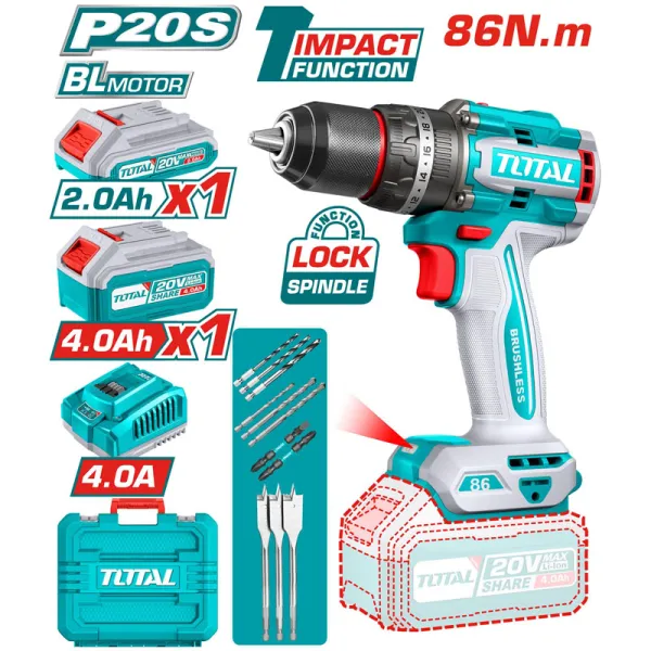 Máy khoan động lực dùng pin 20V Total TIDLI20868 (1 Pin 2.0Ah, 1 Pin 4.0Ah)