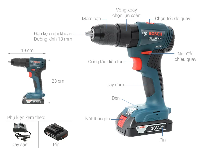 Máy khoan vặn vít pin bosch gsb 185-li 18v 1 pin 1 sạc - 1