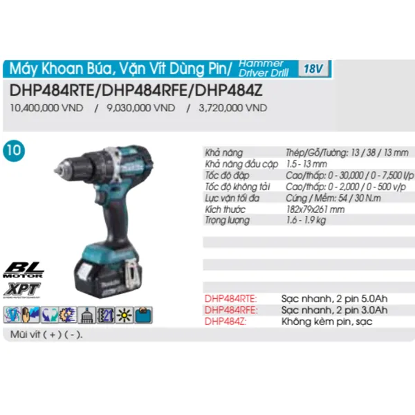 Máy khoan búa chạy pin makita dhp484rte 18v - 2