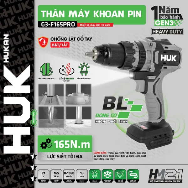 Máy khoan pin 13mm hukan gen 3 g3-f165pro - 1